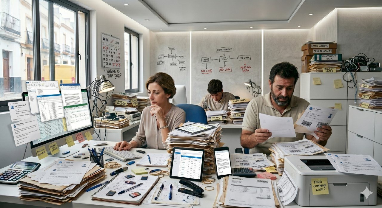 Equipo trabajando con documentos, pantallas y datos dispersos sin un sistema claro