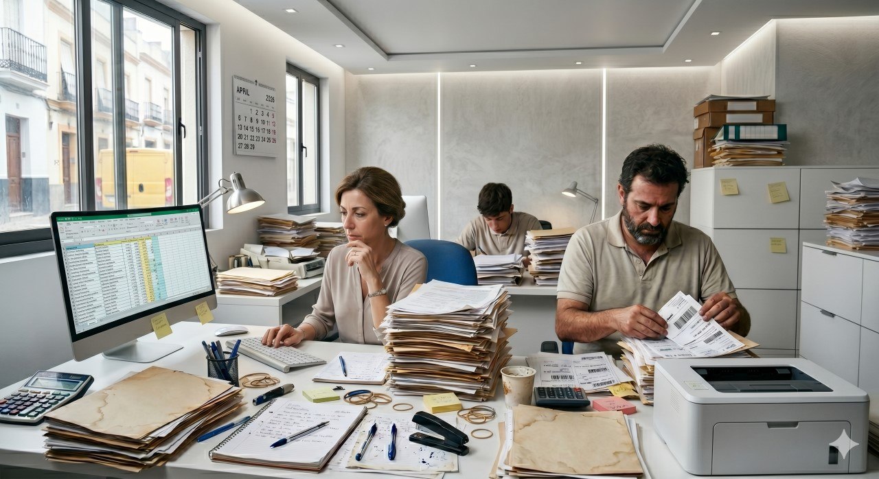 Equipo trabajando entre papeles, tareas repetitivas y carga administrativa manual